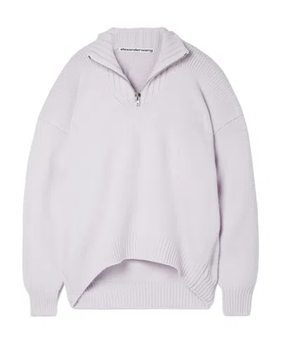 Alexander Wang Wool Back Vertical Pleated Semi-zipper Pullover In Purple