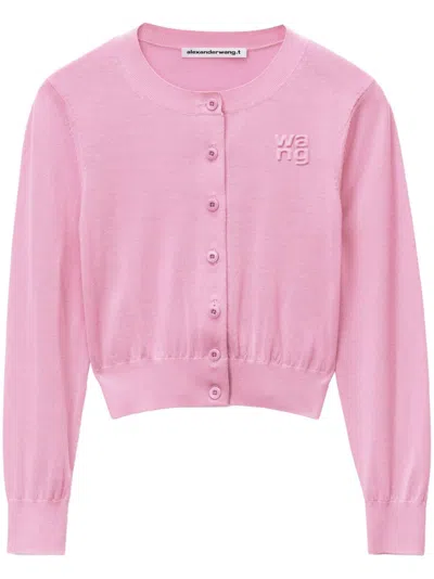 Alexander Wang Logo Cropped Cardi In Superfine Merino In Candy Pink