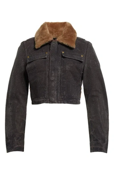 Alexander Wang Workwear Shrunken Trucker Jacket With Faux Fur Collar In Saloon Bar