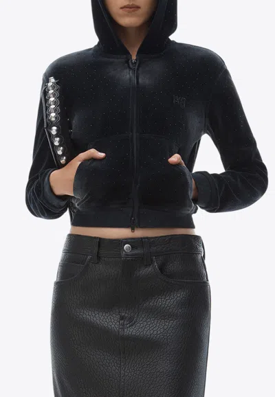 Alexander Wang Zip-up Beaded Cropped Hoodie In Black