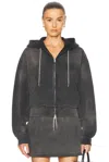 Alexander Wang Cropped Zip-up Hoodie With Crystal Hotfix Drawcord In Washed Caviar