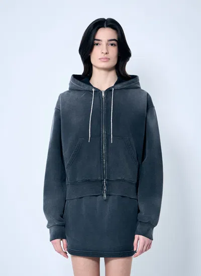 Alexander Wang Zip-up Sweater With Rhinestone Drawstring In Grey