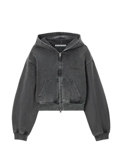 Alexander Wang Zip-up Hoodie W/ All-over Hotfix In Gray