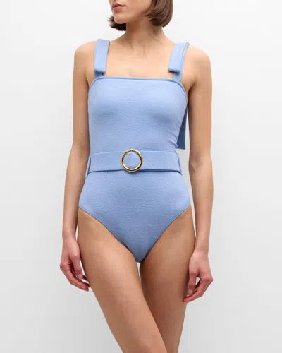Alexandra Miro Audrey Belted One-piece Swimsuit In Blue Embroidery