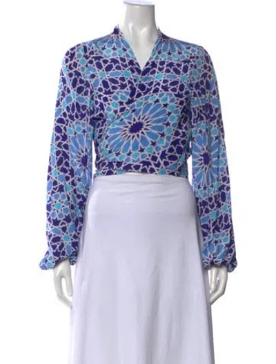Pre-owned Alexandra Miro Printed V-neck Top In Blue