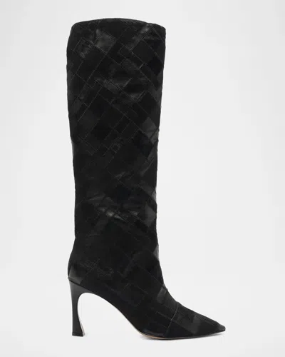Alexandre Birman 85mm Annelise Patchwork Leather Knee-high Boots In Black
