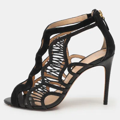 Pre-owned Alexandre Birman Black Python Embossed Leather And Suede Caged Sandals Size 39.5