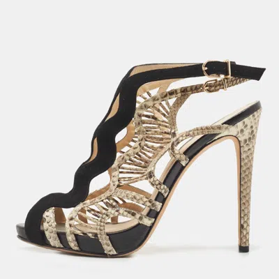 Pre-owned Alexandre Birman Black Suede And Python Leather Cut Out Slingback Sandals Size 40