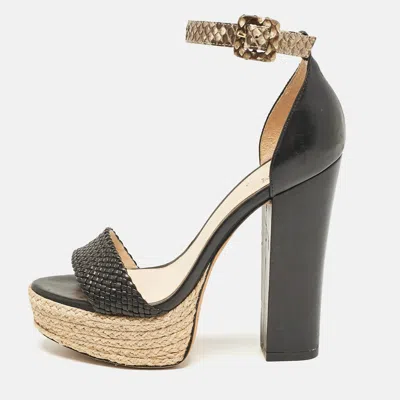 Pre-owned Alexandre Birman Black/beige Leather And Python Leather Ankle Strap Sandals Size 36