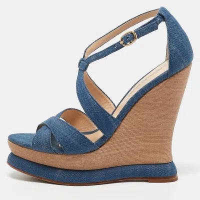 Pre-owned Alexandre Birman Blue Denim Fabric Wedge Sandals Size 37.5