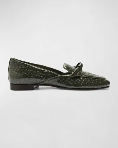 Alexandre Birman Clarita Croco Bow Slip-on Loafers In Sage Leaf
