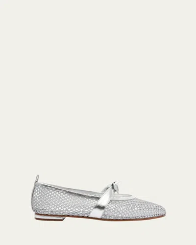 Alexandre Birman Clarita Metallic Bow Fishnet Ballerina Flats In Silver