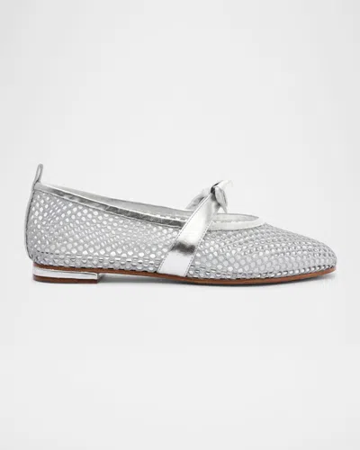 ALEXANDRE BIRMAN CLARITA METALLIC BOW FISHNET BALLERINA FLATS