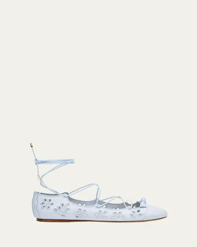 Alexandre Birman Clarita Raffia Eyelet Ankle-tie Ballerina Flats In Serene Blue
