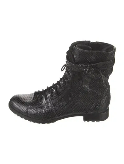 Pre-owned Alexandre Birman Embossed Leather Printed Combat Boots In Black
