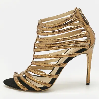 Pre-owned Alexandre Birman Gold Python Embossed Leather Caged Zipper Sandals Size 40 In Silver