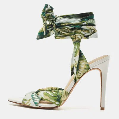 Pre-owned Alexandre Birman Kacey Size 39 Green Leaf Print Satin Knot Detail Ankle Wrap Sandals