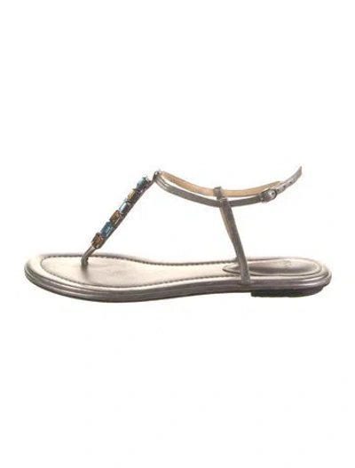 Pre-owned Alexandre Birman Leather Crystal Embellishments T-strap Sandals In Silver