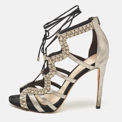 Pre-owned Alexandre Birman Metallic Python Embossed Leather Strappy Ankle Tie Sandals Size 38.5