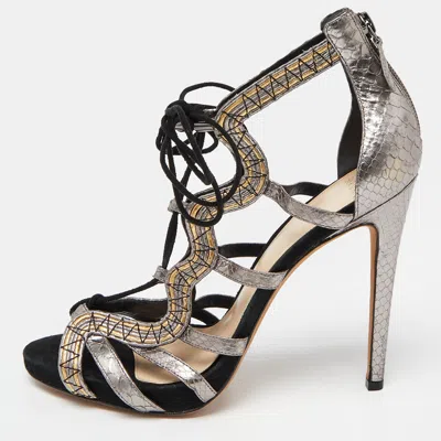 Pre-owned Alexandre Birman Metallic Python Embossed Leather Strappy Ankle Tie Sandals Size 40