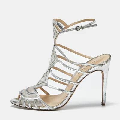 Pre-owned Alexandre Birman Silver Snakeskin Embossed Leather Caged Ankle Wrap Sandals Size 41