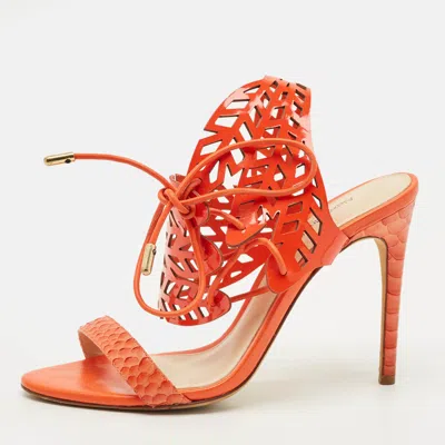 Pre-owned Alexandre Birman Size 36 Orange Patent Leather And Python Leather Ankle Strap Sandals