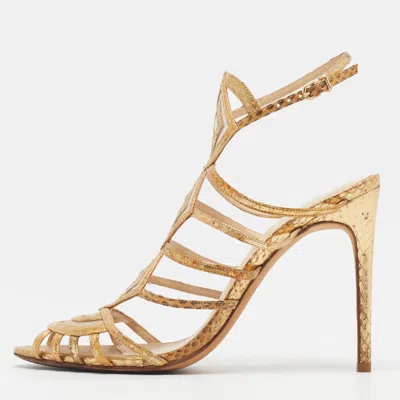 Pre-owned Alexandre Birman Size 37.5 Gold Snakeskin Embossed Leather Ankle Strap Sandals