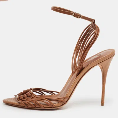 Pre-owned Alexandre Birman Size 40 Brown Leather And Lizard Embossed Leather Ankle Strap Sandals