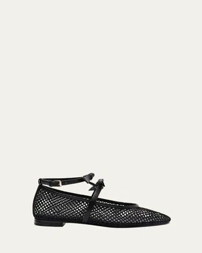 Alexandre Birman Slim Clarita Bow-strap Fishnet Ballerina Flats In Black