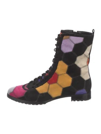 Pre-owned Alexandre Birman Suede Floral Print Combat Boots In Black