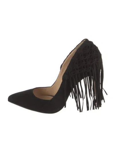 Pre-owned Alexandre Birman Suede Fringe Trim Accent Pumps In Black