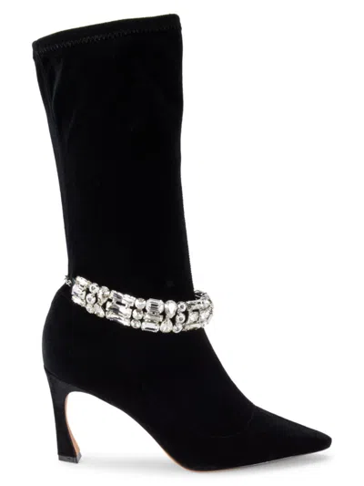 Alexandre Birman Women's Riviera Crystal Velvet Heel Mid Calf Boots In Black