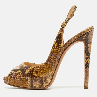 Pre-owned Alexandre Birman Yellow/brown Snakeskin Peep Toe Slingback Pumps Size 37