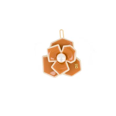 Alexandre De Paris Art Deco Camelia Flower Hair Acetate Side Barette In Orange