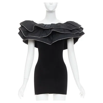 Pre-owned Alexandre Vauthier 2024 Black Ribbed Velour Knit Crystal Trim Ruffle Mini Dress