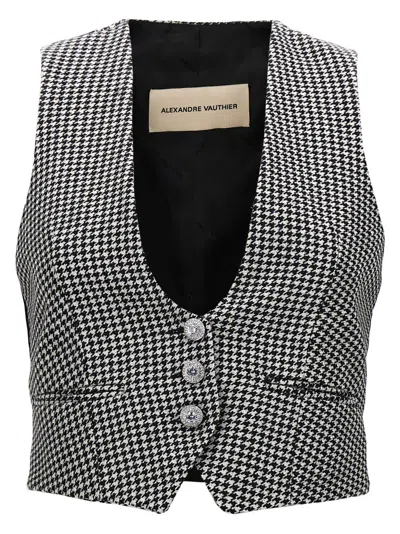 Alexandre Vauthier Black Houndstooth V Neck Jacket In Multi