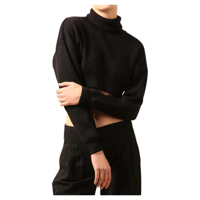 Pre-owned Alexandre Vauthier Black Ribbed Cropped Turtle Roll Neck Oversized Wool Sweater
