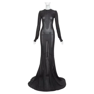Pre-owned Alexandre Vauthier Black Sheer Degrade Crystal Long Sleeve Long Train Gown Dress