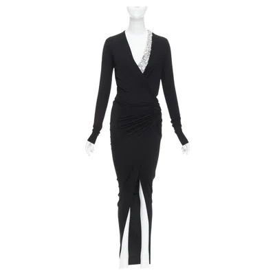 Pre-owned Alexandre Vauthier Black Silver Rhinestone Jewel Crystal Plunge Wrap Dress