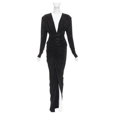 Pre-owned Alexandre Vauthier Black Strass Crystal Power Shoulder Padded Wrap Draped Gown