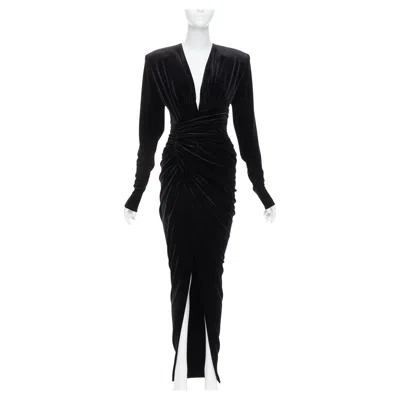 Pre-owned Alexandre Vauthier Black Velvet Power Shoulder Padded Wrap Drape Slit Gown Dress