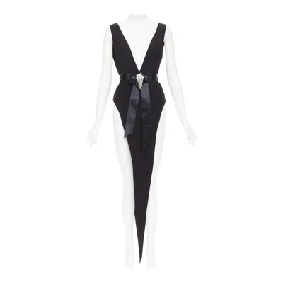 Pre-owned Alexandre Vauthier Couture 2021 Runway Neck Crystal Brooch Slit Bodysuit Dress In Black