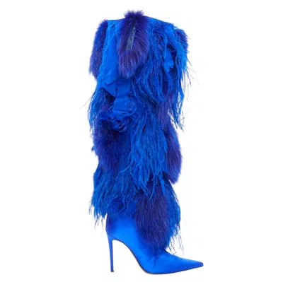 Pre-owned Alexandre Vauthier Couture 2022 Runway Look30 Cobalt Blue Fur Fringe Boots Eu4