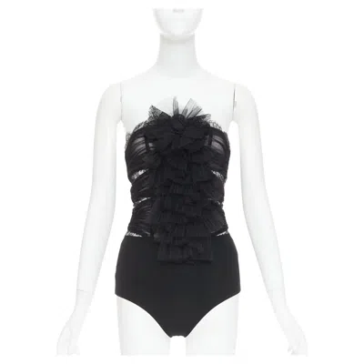 Pre-owned Alexandre Vauthier Couture Aw2022 Runway Black Pleated Tulle Sheer Lace Body Top