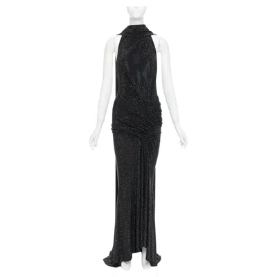 Pre-owned Alexandre Vauthier Couture Runway Crystal Ruched Waist Drape Sash Train Gown In Black