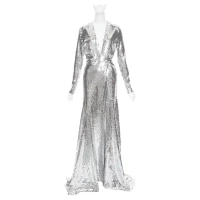 Pre-owned Alexandre Vauthier Couture Runway Metallic Silver Sequin Plunge Neck Gown Dress