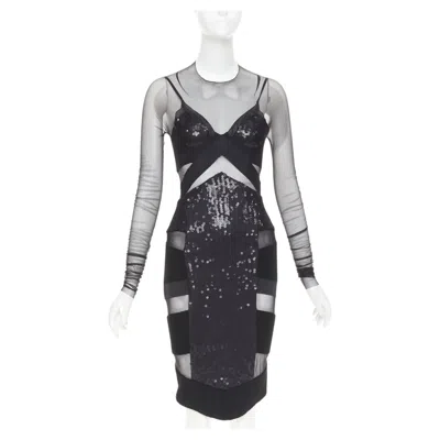 Pre-owned Alexandre Vauthier Couture Runway Sheer Panel Sequin Cut Out Boned Knee Dress In Black