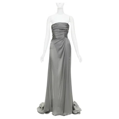 Pre-owned Alexandre Vauthier Couture Steel Grey Ruched Draped Strapless High Slit Gown In Gray