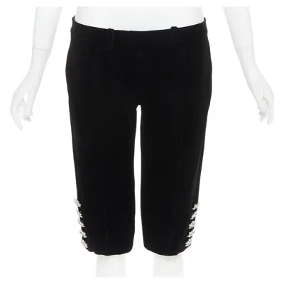Pre-owned Alexandre Vauthier Couture Velvet Flower Crystal Button Embellished Knee Pants In Black