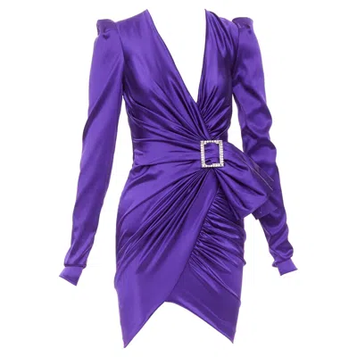 Pre-owned Alexandre Vauthier Crystal Buckle Draped Silk Satin Charmeuse Mini Dress Fr34 Xs In Purple